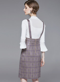 O-neck Flare Sleeve Blouse & Plaid Slit Skirt