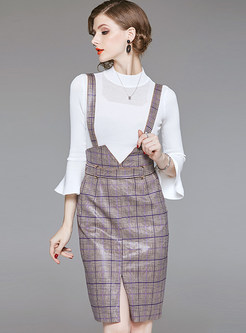 O-neck Flare Sleeve Blouse & Plaid Slit Skirt