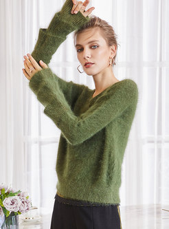 Trendy Green Cross V-neck Double-layered Rabbit Hair Sweater 