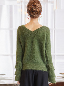 Trendy Green Cross V-neck Double-layered Rabbit Hair Sweater 