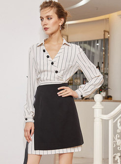 Stylish White Striped Patch T-Shirt Dress & Asymmetric Black Midi Skirt
