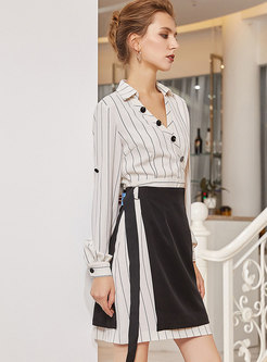 Stylish White Striped Patch T-Shirt Dress & Asymmetric Black Midi Skirt