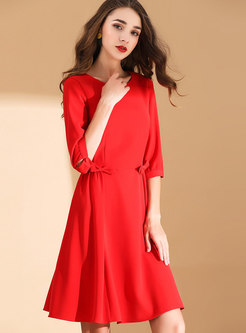 Elegant Red Three Quarters Sleeve A Line Dress With Bowknot 