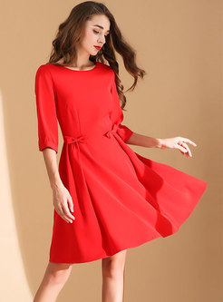 Elegant Red Three Quarters Sleeve A Line Dress With Bowknot 