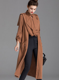 Coffee Stand Collar Long Open Trench Coat 
