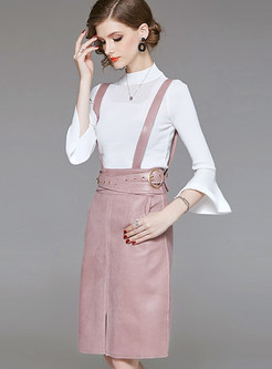 Standing Collar Flare Sleeve Top & Solid Color Skirt