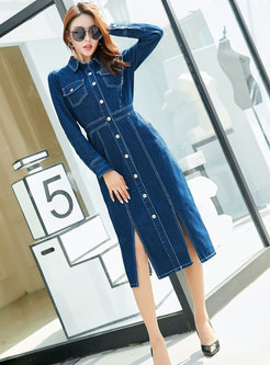 Chic Blue Lapel Single-breasted Slit Slim Trench Coat