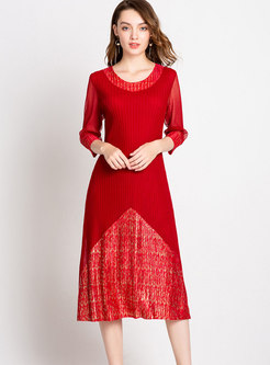 Fashion Red Stitching Three Quarters Sleeve Pleat Dress