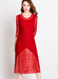Fashion Red Stitching Three Quarters Sleeve Pleat Dress