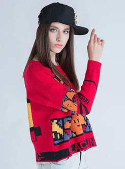 Fashion Red Drop Shoulder Cartoon Pattern Sweater