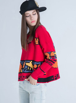 Fashion Red Drop Shoulder Cartoon Pattern Sweater