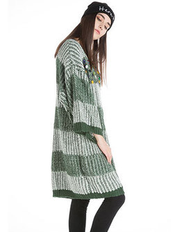 Winter Crew-neck Striped Drop Shoulder Sleeve Knitted Sweater