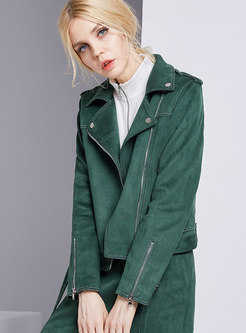 Trendy Green Turn-down Collar Suede Zip-up Jacket 