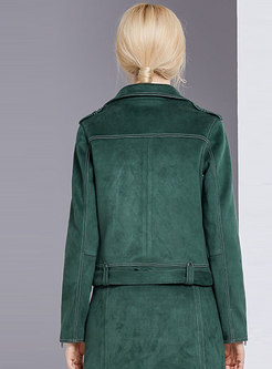 Trendy Green Turn-down Collar Suede Zip-up Jacket 