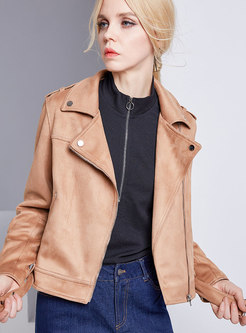 Trendy Khaki Turn-down Collar Suede Zip-up Jacket 