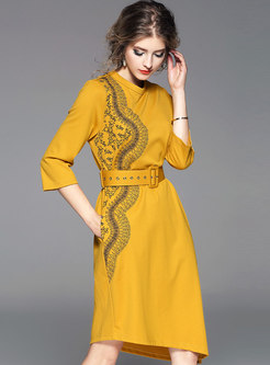 Fashion Yellow Three Quarters Sleeve Asymmetric Hem Dress 