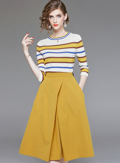 Fashion Striped Three Quarters Sleeve Two Piece Outfits