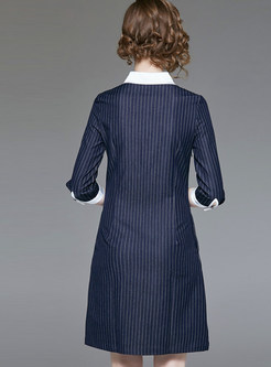 Stand Collar Half Sleeve Slim Striped A Line Dress