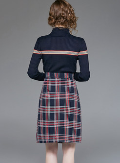 Standing Collar Long Sleeve Sweater & Plaid Slim Skirt