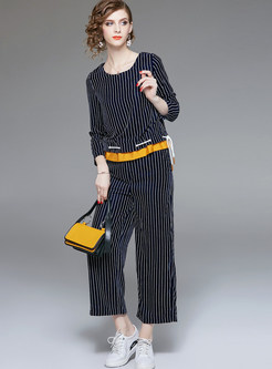 Casual O-neck Color-blocked Striped Two Piece Outfits