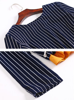 Casual O-neck Color-blocked Striped Two Piece Outfits