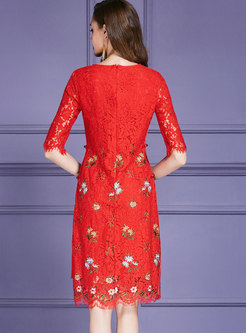 Fashion Red Half Sleeve Guipure Lace Slim Wrap Dress