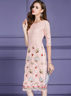 Fashion Pink Half Sleeve Guipure Lace Zip-up Wrap Dress
