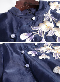 Trendy Blue Mandarin Collar Slim Embroidered Skater Dress
