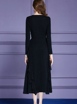 Black V-neck High Waist Ruffled Zip-up Maxi Dress