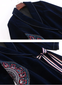 Lapel Embroidered Tie-waist Velvet A Line Coat