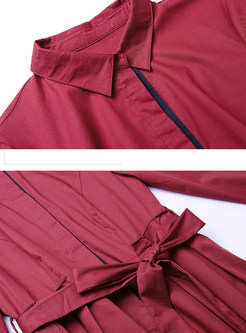 Turn Down Collar Solid Color Tie-waist Slim Dress