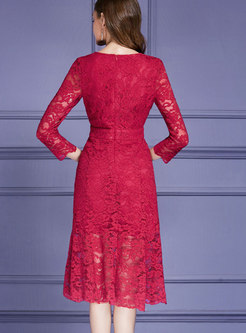 Elegant Red V-neck Lace Patchwork Mermaid Dress