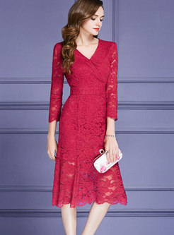 Elegant Red V-neck Lace Patchwork Mermaid Dress