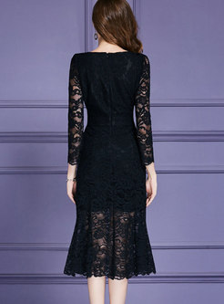 Elegant Black V-neck Guipure Lace Patchwork Slim Mermaid Dress