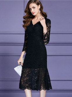 Elegant Black V-neck Guipure Lace Patchwork Slim Mermaid Dress