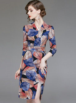 Fashion Color-blocked V-neck Waist Slit Beaded Dress