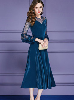 Elegant Lake Blue Lantern Sleeve Lace Paneled Slim Maxi Dress