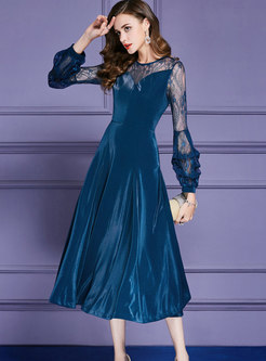 Elegant Lake Blue Lantern Sleeve Lace Paneled Slim Maxi Dress