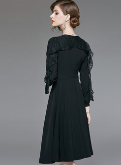 O-neck Long Sleeve Lace Falbala Splicing Waist Dress