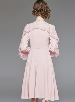 Pink Lace Flouncing Stitching Waist Big Hem Dress