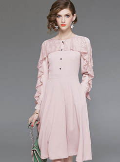 Pink Lace Flouncing Stitching Waist Big Hem Dress