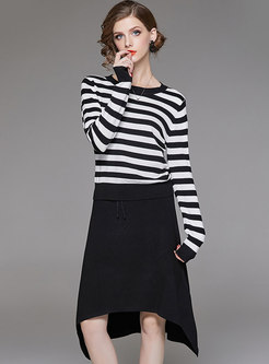 Brief Black-white Sweater & Black Asymmetric Midi Skirt