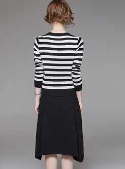 Brief Black-white Sweater & Black Asymmetric Midi Skirt