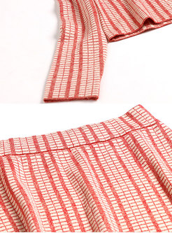 Stylish Orange Plaid Knitted Top & Elastic Waist Striped Skirt