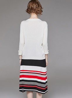 Brief Metal Button Sweater & Multicolor Pleat Midi Skirt