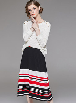Brief Metal Button Sweater & Multicolor Pleat Midi Skirt
