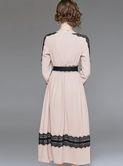 Autumn Long Sleeve Waist Lace Patchwork Maxi Dress