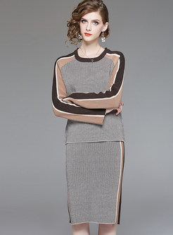 Color-blocked O-neck Long Sleeve Sweater & Sheath Skirt