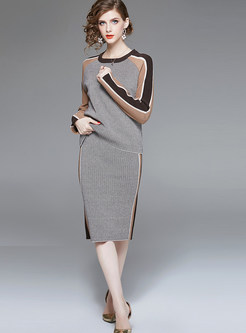 Color-blocked O-neck Long Sleeve Sweater & Sheath Skirt