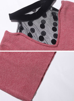Autumn Sweet Pink V-neck Dots Slim Knitted Sweater